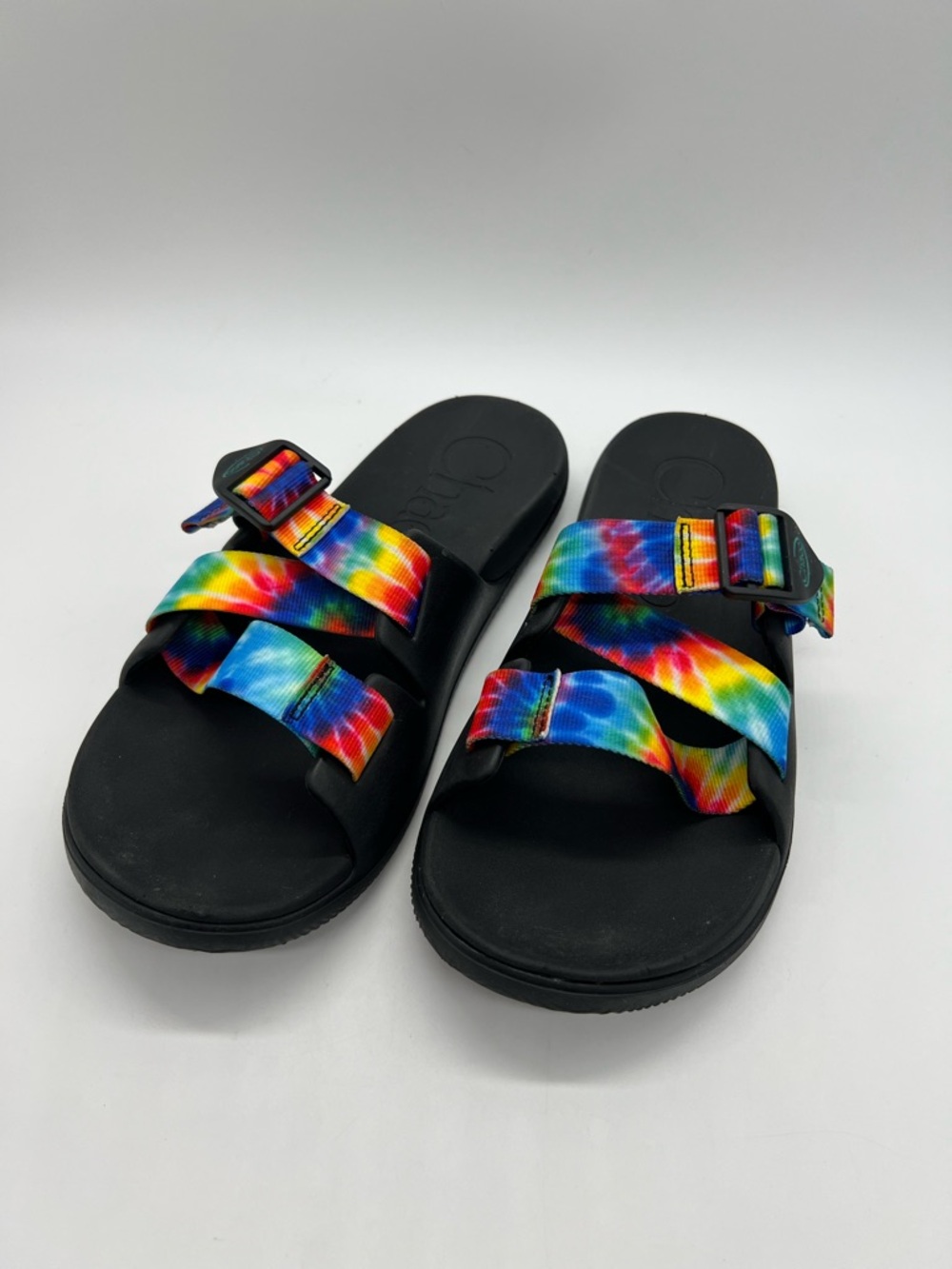 Chaco Women's Black Chillo Sandals with Rainbow Tie-Dye Straps